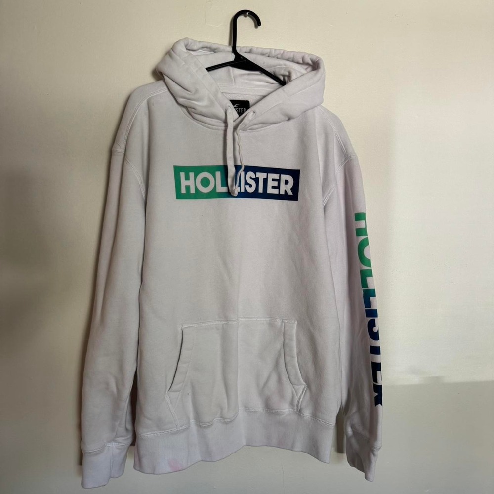 Y2k Vintage Hollister Men's Size Large White Hoodie with Green/Blue